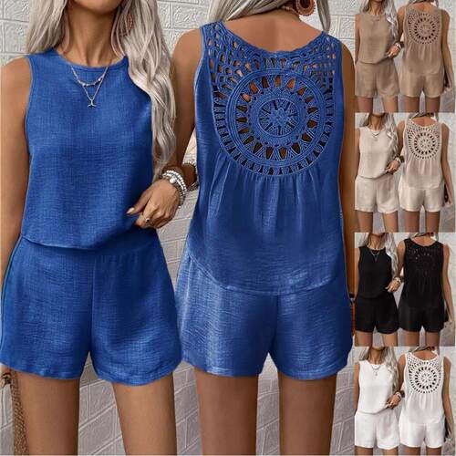 Women's back hollow sleeveless vest shorts two