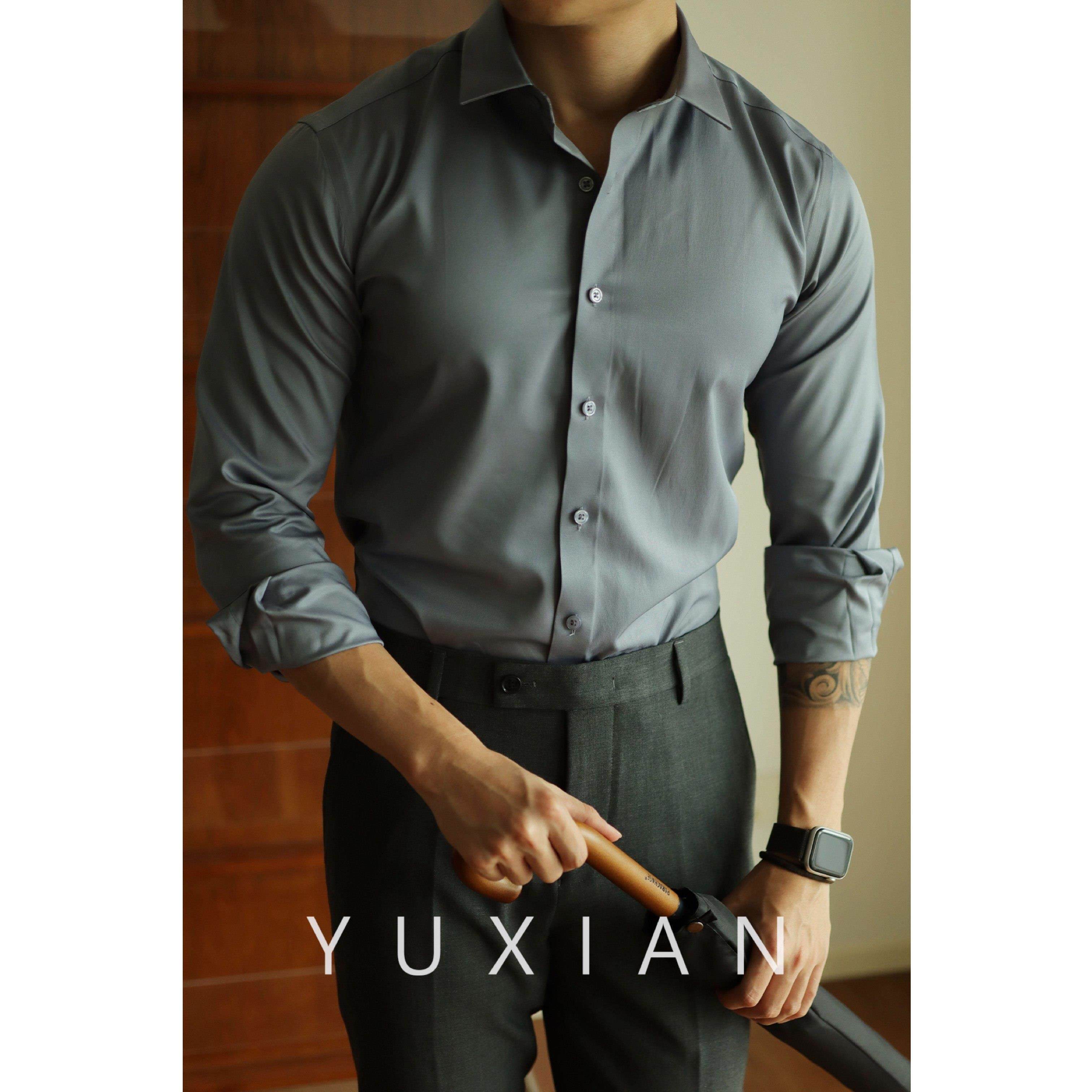 YUXIAN余 余闲 丝绸微弹抗皱免熨烫长袖衬衫男士商务休闲 纯色正