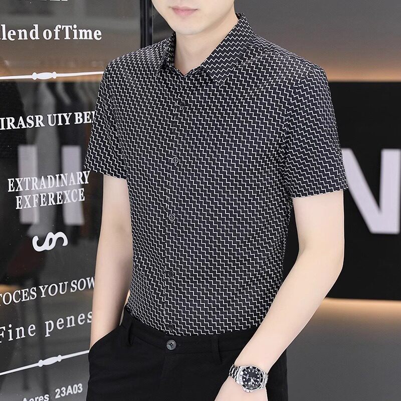 夏季短袖衬衫男2026新款夏季印花潮流高品质衬衫休闲修身翻领上衣