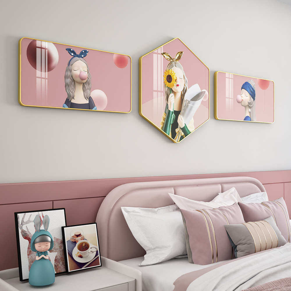 B28儿童房卧室装饰画粉色女孩卡通床头背景墙挂画可爱公主房壁画,家居饰品,现代装饰画,淘宝优惠券,粉丝福利购,淘宝优惠卷