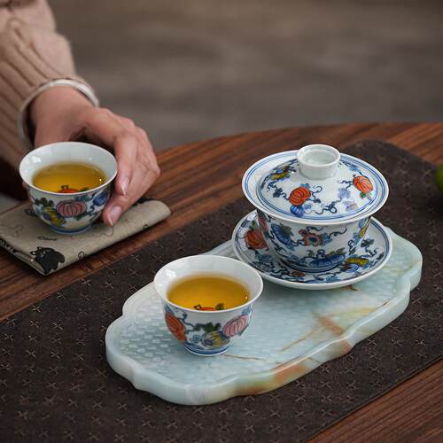 青花陶瓷盖碗三才盖碗高档功夫茶具可携式旅行茶具泡茶茶壶一壶2