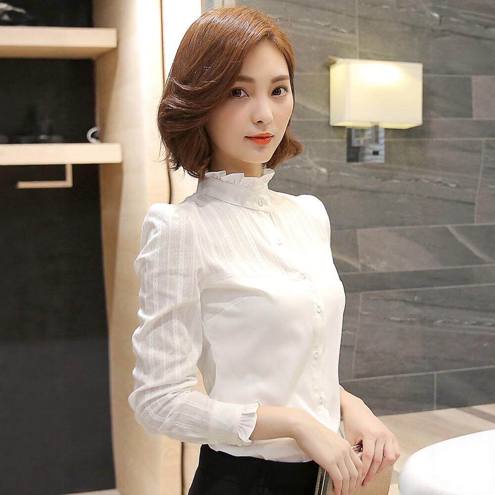 纯棉立领白衬衫女长袖2026新款木耳边领打底衫春秋修身职业装衬衣