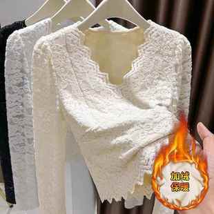 胖打底衫 杏色V领加绒加厚蕾丝衫 大码 洋气小衫 上衣1219e 女秋冬时尚
