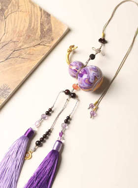 印度小叶紫檀福禄车挂搭配紫色飘漆葫芦如意文玩汽车后视镜挂件