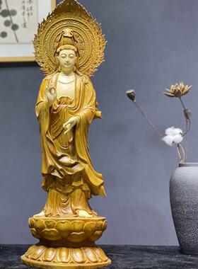 香樟木净瓶观音木雕根雕佛像家居客厅佛堂供奉定制神像摆件工艺品