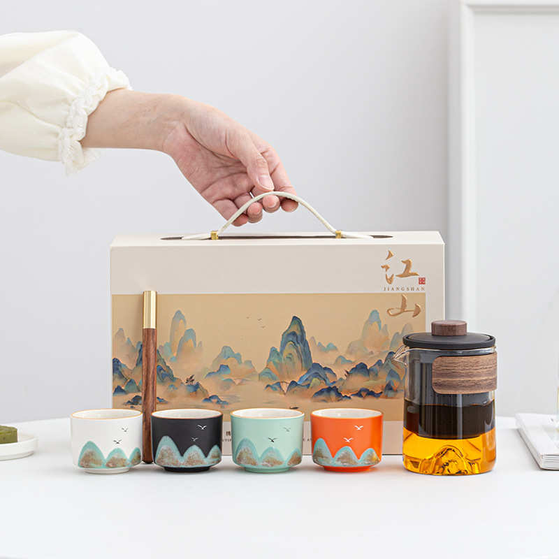 礼手礼品江山客杯整套快套装茶具值创千里四色玻璃杯文颜商务伴高