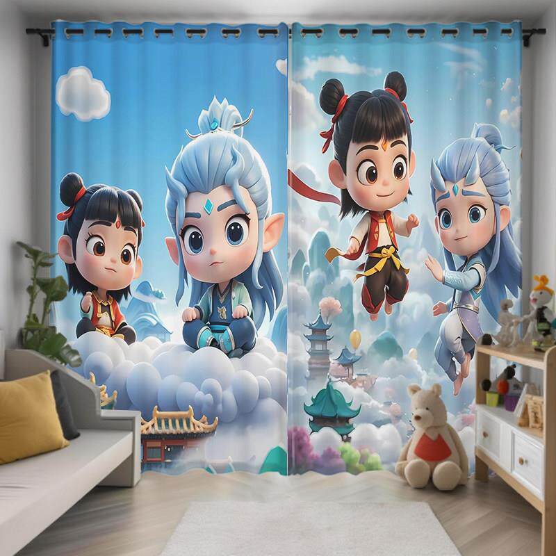 哪咤敖丙定制窗帘遮光儿童房男孩卧室卡通背景装饰门帘免打孔布料
