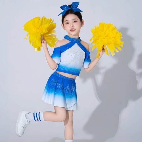 儿童啦啦操表演出服新款蓝色啦啦队衣服头饰渐层色烫钻表演服