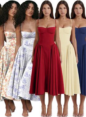 Women's strapless camisole mid length skirt floral dress