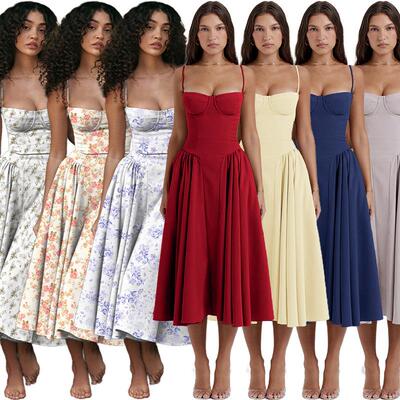 Women's strapless camisole mid length skirt floral dress