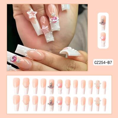 24Pcs Press On Nails Wearable Fake Nails Pink Gradient Glitt
