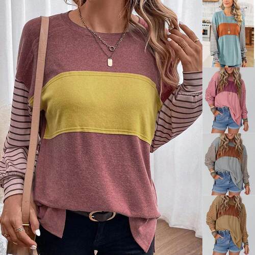 A women's fashionable striped round neck T-shirt  suitable