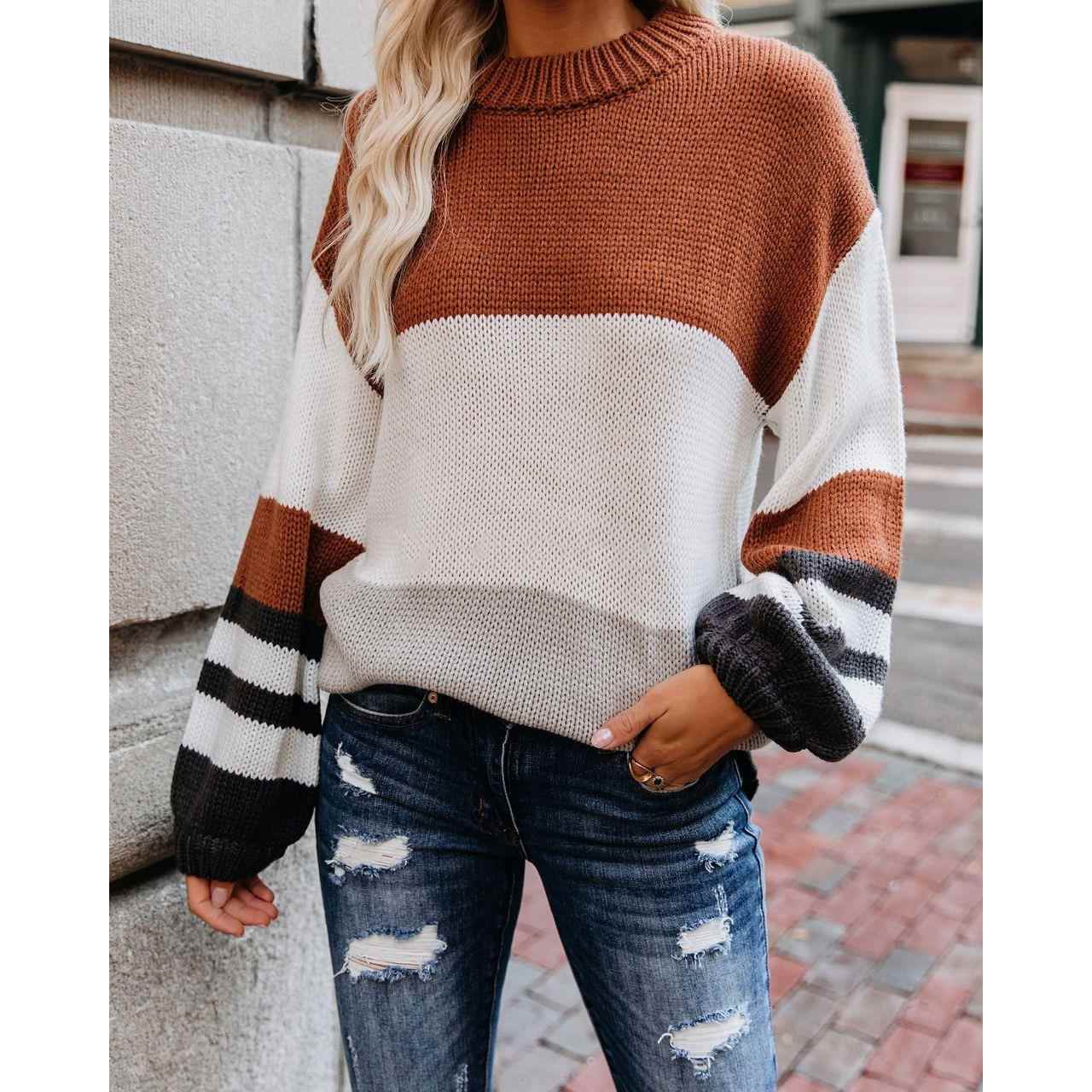 female sweater striped neck round size large loose fashion