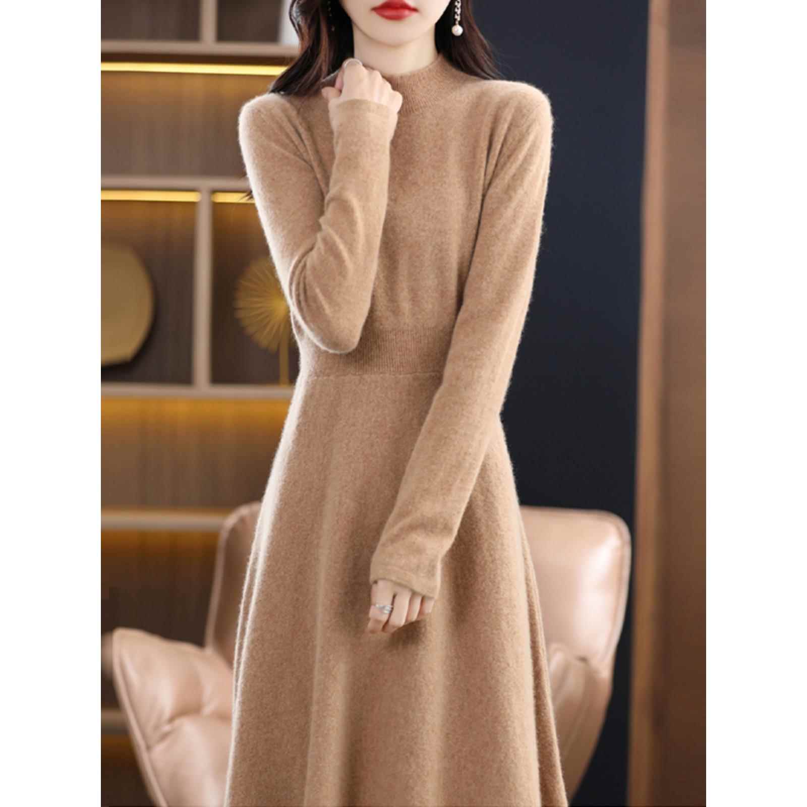 半高领毛针织衫连衣裙中长裙女宽松秋冬保暖加厚外穿A字打底裙子