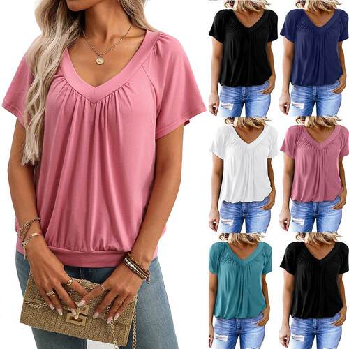 Women's Casual V-Neck Tunic Tops Short Sleeve Pleated Front