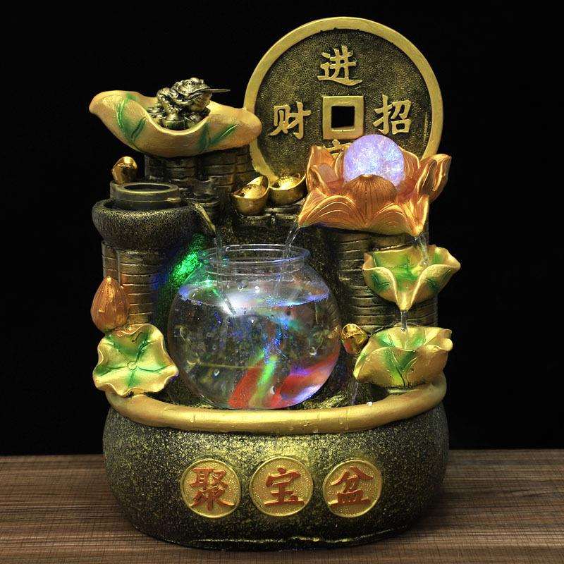 圆型鱼缸聚宝盆葫芦钱币开业流水喷泉摆件鱼缸加湿器家居