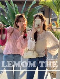 thelemon柠檬绿茶法式温，柔风甜美雪纺衬衫女春季泡泡袖上衣