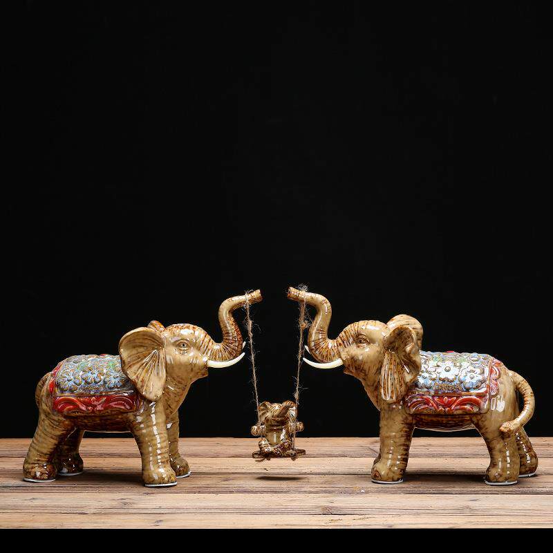 新款陶瓷工艺品外贸母子象家居摆件中式动物窑变瓷器创意大象摆饰