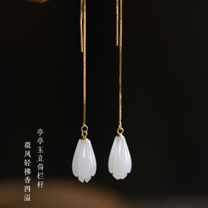 本命年镶玉耳线气质白玉兰花耳坠复古民族风铃兰耳环女士款礼物图片