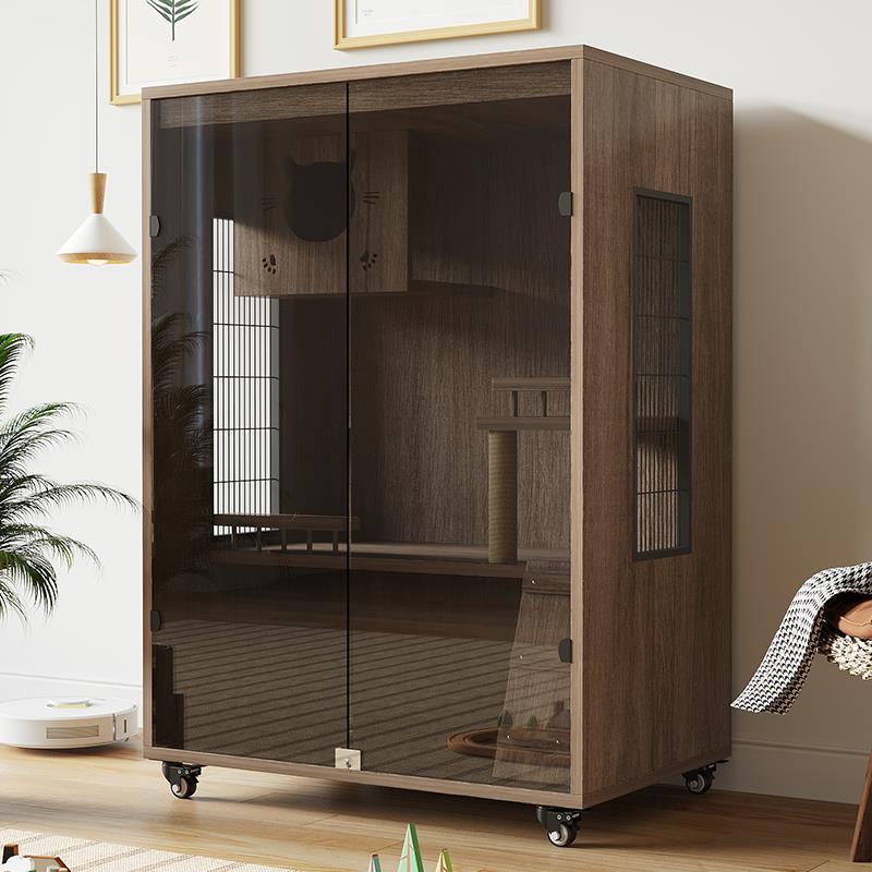 正品实木防水钢化玻窝璃猫别墅用猫笼实猫床带猫爬架子玻璃门笼猫