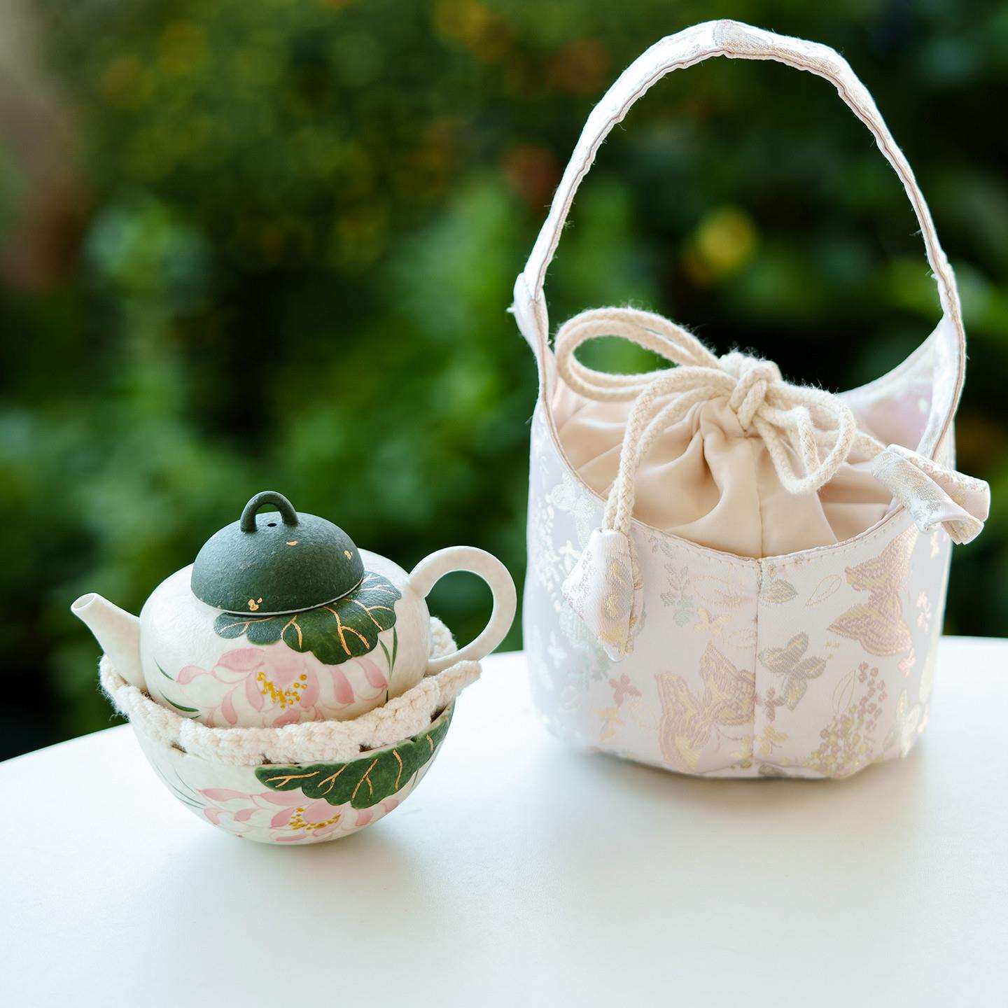 岩矿白陶瓷手绘旅行茶具一人饮茶壶茶杯套装户外露营便携式快客杯