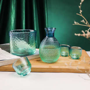 锤纹清酒壶套装 日式 孔雀蓝玻璃酒具白酒杯分酒器耐热温批发
