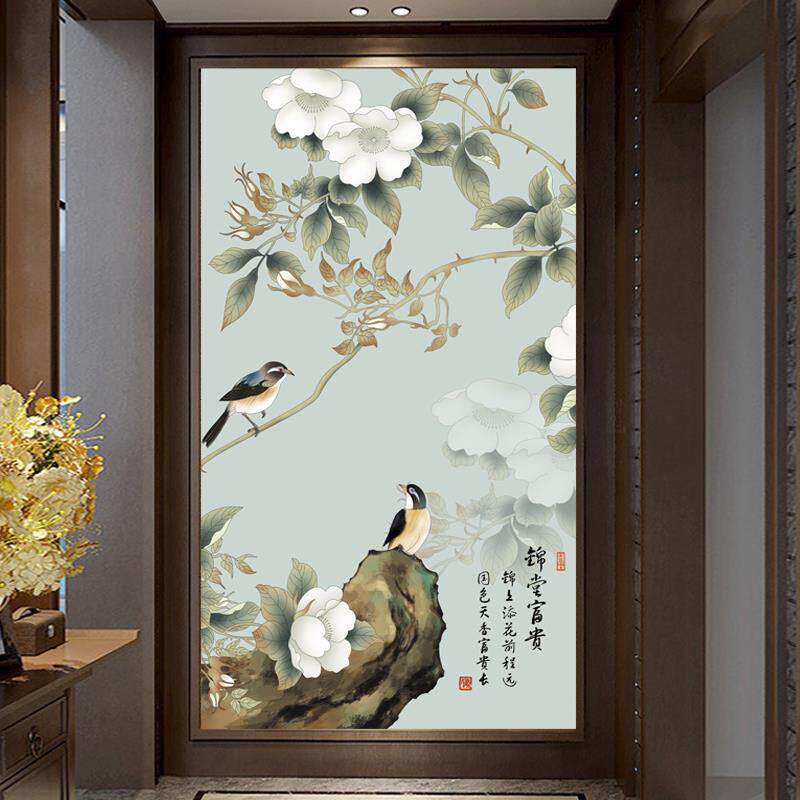 玄关自粘壁画新中式工笔花鸟装饰画客厅走廊过道墙画贴纸定制贴画