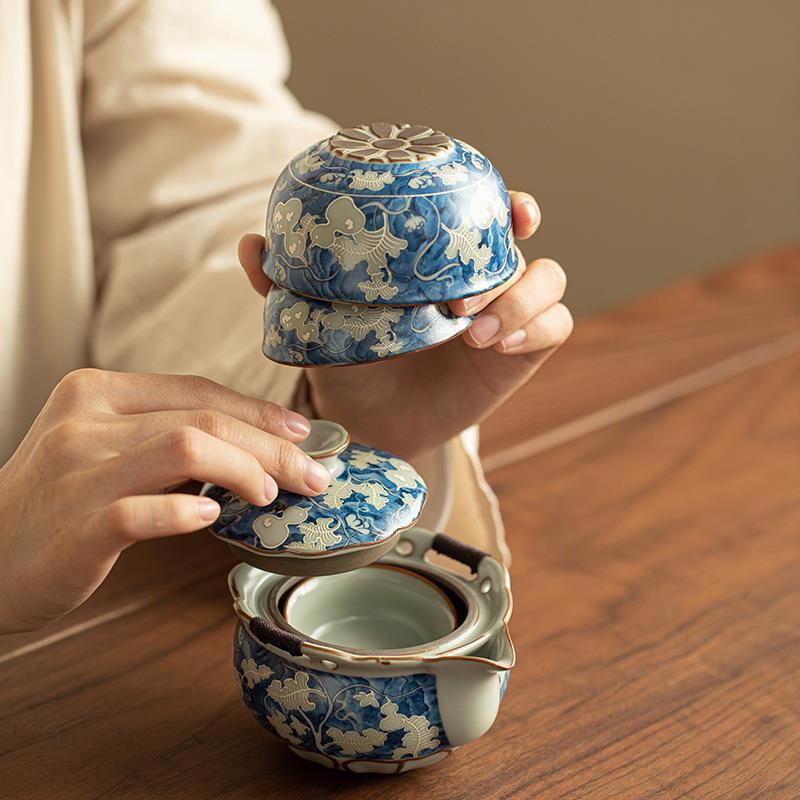 景德镇仿宋汝窑元青花茶壶茶杯旅行茶具套装便携一壶四杯快客杯