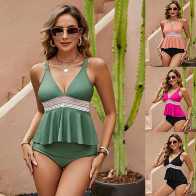 Split swimsuit skirt style deep V-high waisted bikini