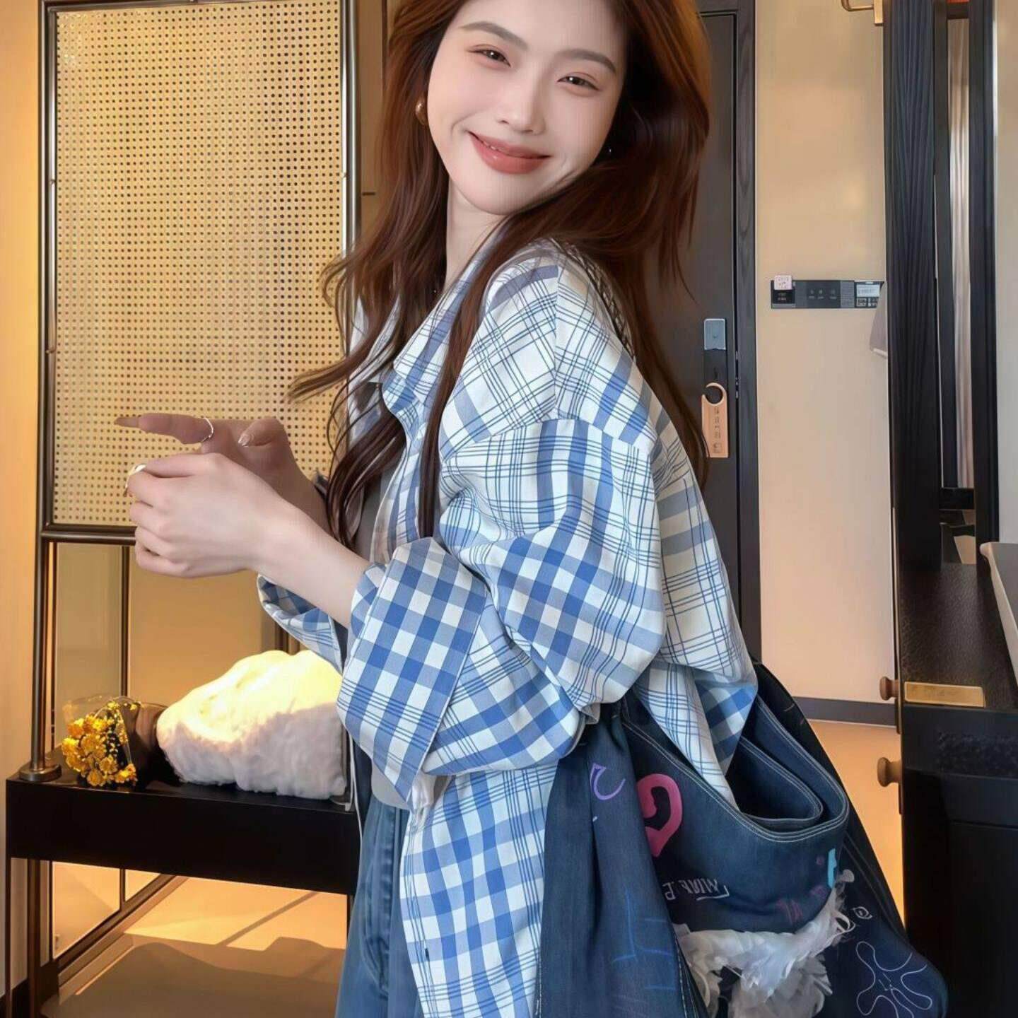 法式Rixo Kelly学院风蓝色格纹宽松遮肉长袖衬衫女高级感洋气上衣