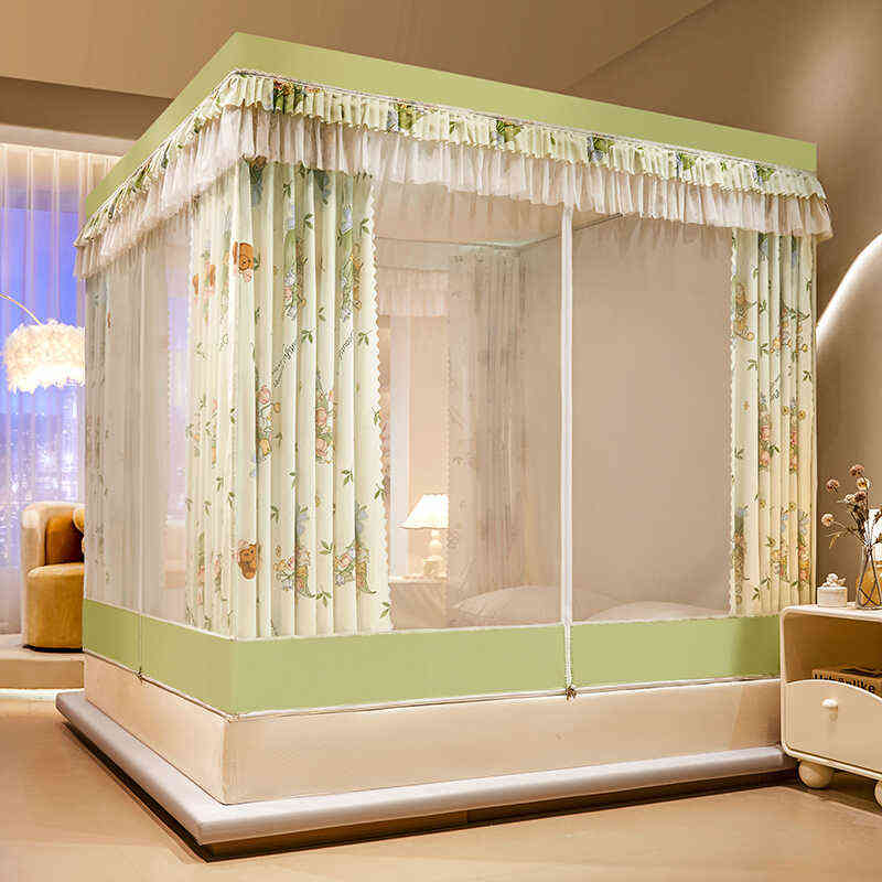 T型回底床笠式遮光帘蚊帐家用A类儿童防摔三开门床帘拉链加厚支架