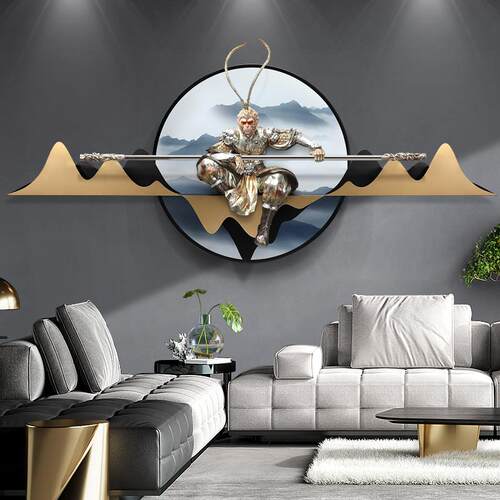 高档斗战胜壁画客佛厅沙发景墙装天饰画3D立体浮雕孙悟空背挂画齐