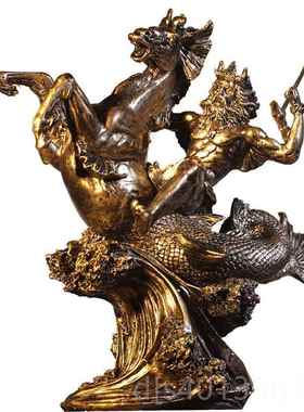 高档复古希腊神话勇士工艺居品人物塑海神波塞雕冬家饰品公办室摆