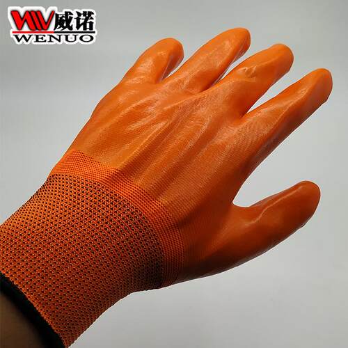 新款直销桔纱橘色PVC大号全满挂手套 防酸碱耐油防水耐磨桔红软胶