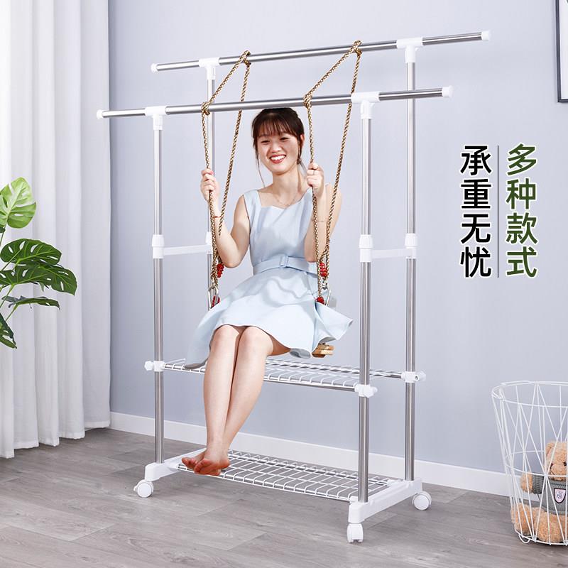 落地式双杆不锈钢晾衣架 手动升降简易晒衣架 带轮伸缩室内凉衣架