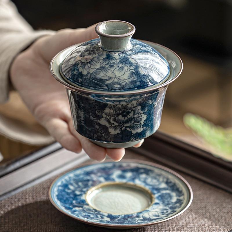 青花缠枝莲功夫泡茶三才盖碗家用复古陶瓷敬茶碗复古高端开片茶具