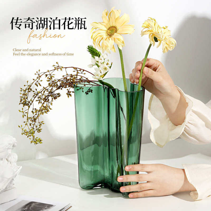 传奇湖泊透明碧绿色水晶花瓶锤纹经典湖泊系列花器桌面插花瓶摆件