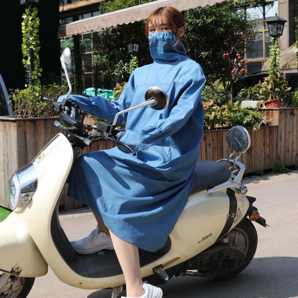 电动摩托车防晒衣加长款牛仔上衣遮阳服牛仔外套女春秋骑车防晒衣