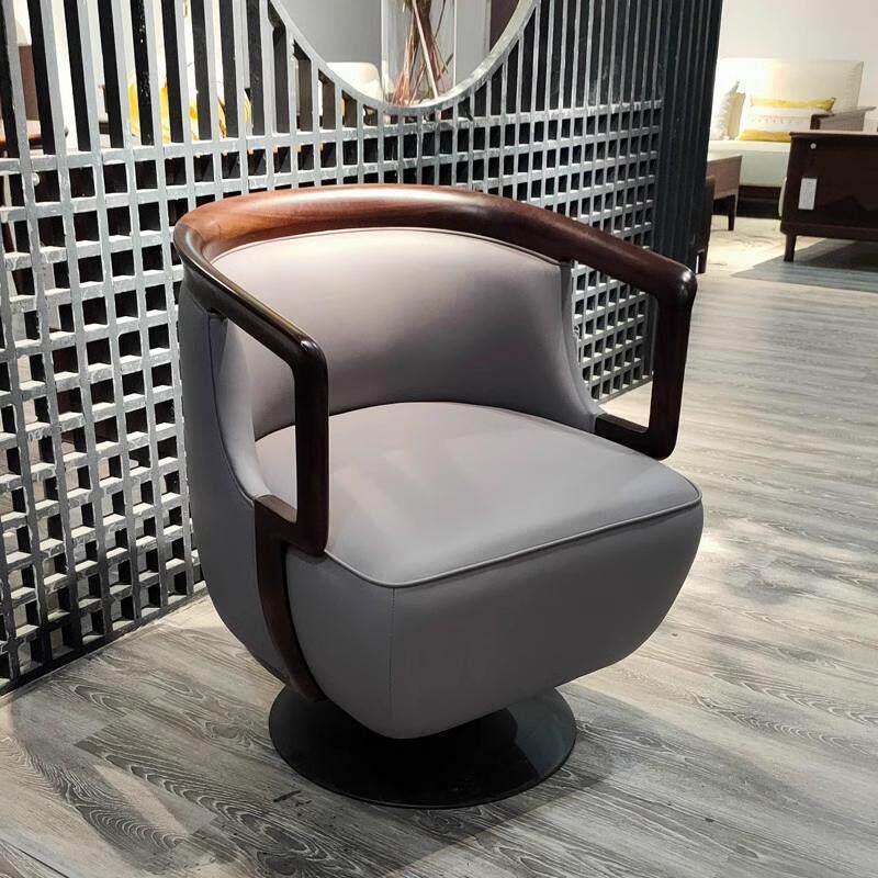 新中式黑檀木休闲椅实木沙发椅真皮单人沙发转椅轻奢虎椅转椅