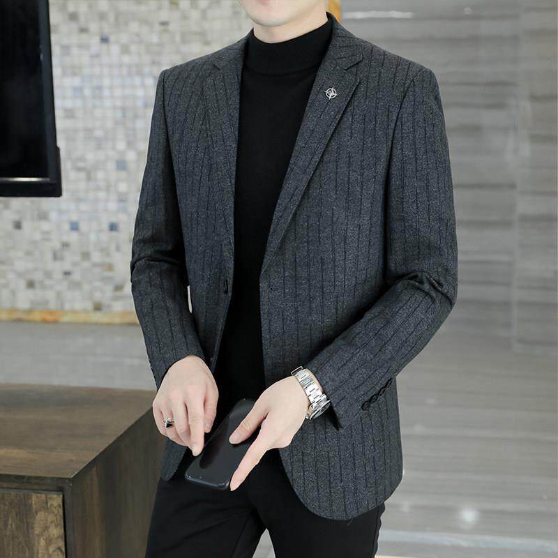 痞帅条纹灰色小西装外套男士商务休闲爸爸装西服秋冬细腻毛呢外套