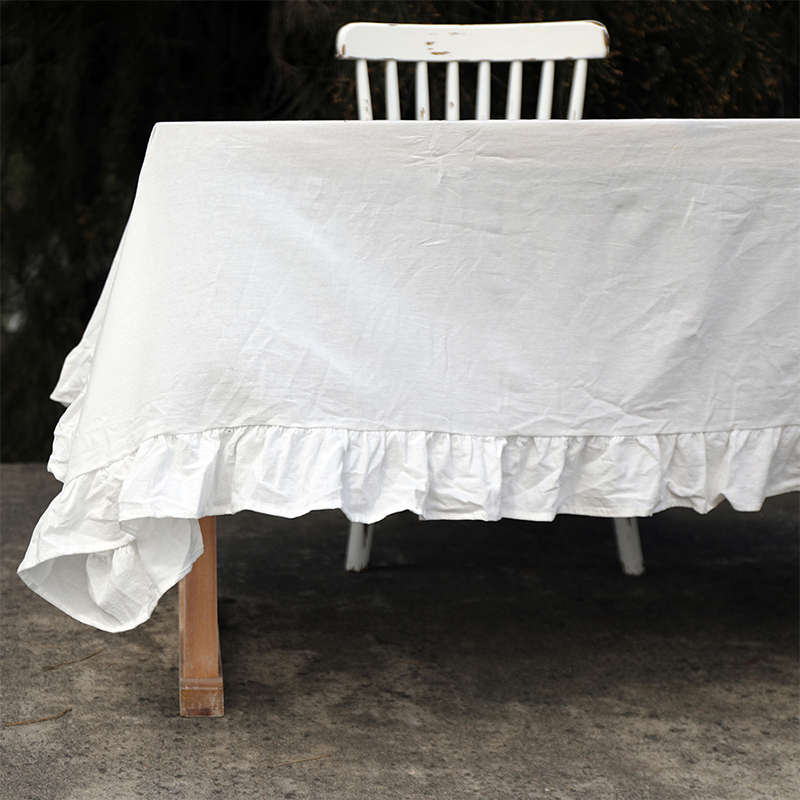 欧式复古风荷叶边桌布棉麻水洗棉材质野餐地铺米黄色白色摄影道具