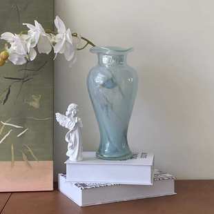蓝色中古芬顿玻璃花瓶轻奢插花水培造型花器高级感玄关摆件 法式