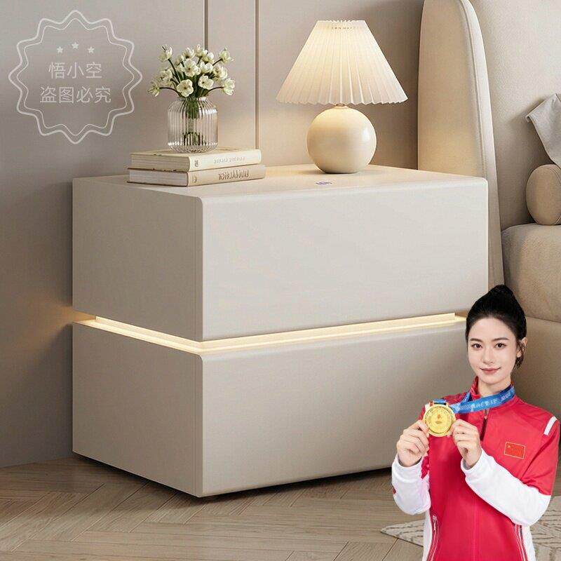 现代简约LED灯带床头柜悬浮收纳柜卧室床边柜爆款抽屉内置保险柜