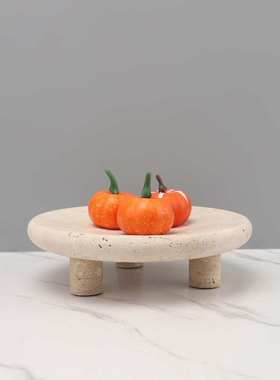 欧式轻奢洞石三脚圆形果盘托盘摆件餐厅客厅酒店样板房家居装饰品