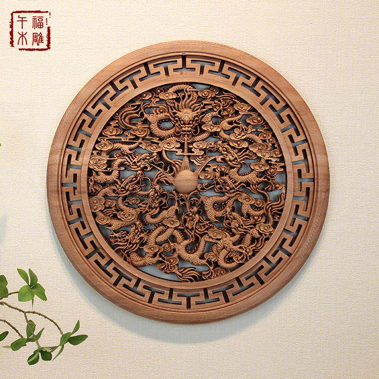 东阳木雕香樟木圆形实木挂件客厅玄关装饰画 画壁饰彷古中式镂空