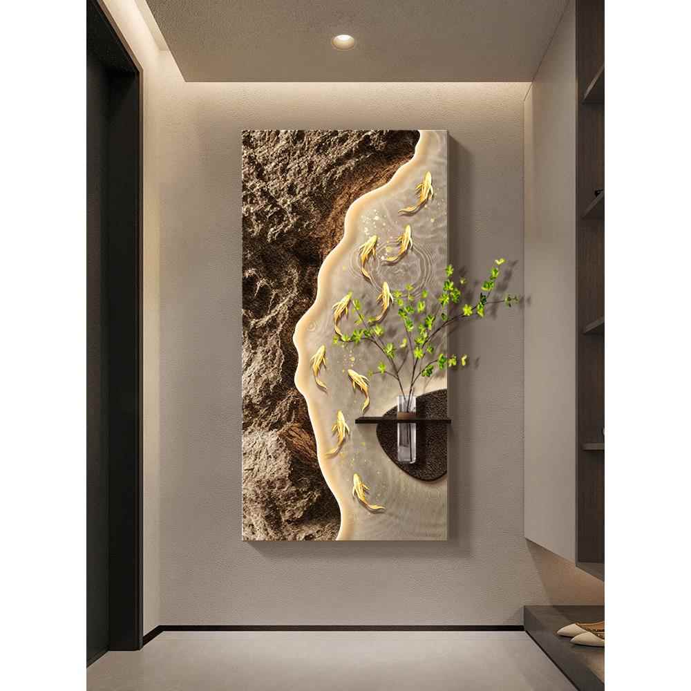 九鱼图玄关装饰灯画新中式走廊过道挂画高级感砂岩肌理背景墙壁画