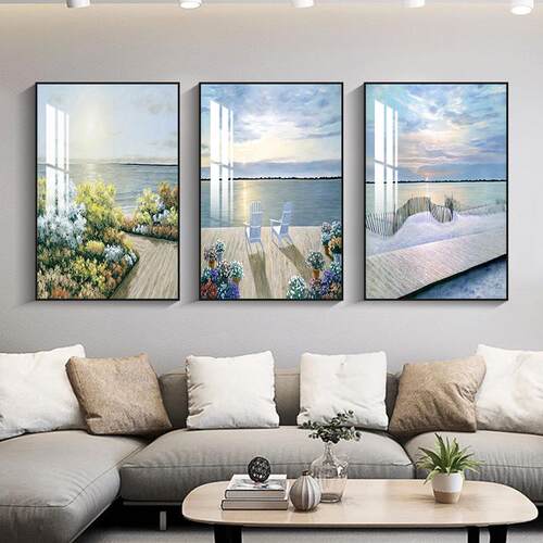 新款直销现代客厅装饰画沙发背景墙挂画现代简约大气海景三联画卧