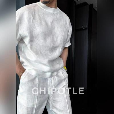 韩国CHIPOTLE老钱风亚麻休闲套装男2026夏季新款慵懒风棉麻两件套