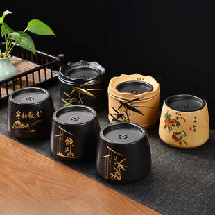 竹节茶渣缸陶瓷带盖功夫茶具配件家用创意黑陶描金废水盂干泡茶道