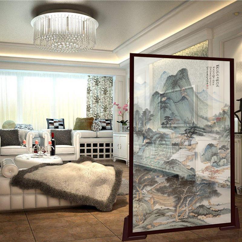 双面半透纱绢丝隔断屏风新中式水墨山水花鸟装饰画大幅面喷绘定制